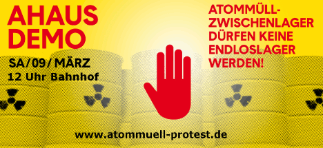 Plakat Ahaus Demo, Atomfässer mit Stop-Hand